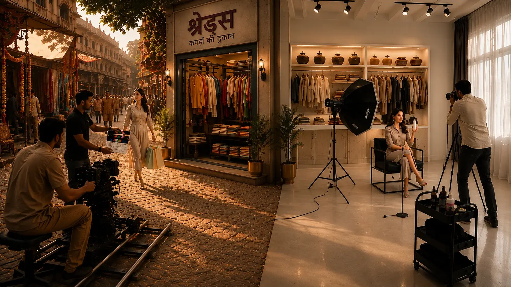 Traditional film production set with large crew and equipment